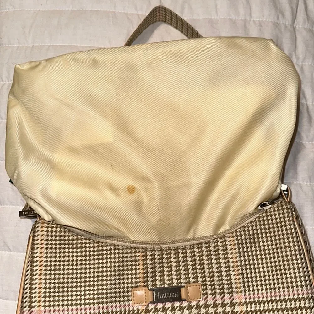 LRL Ivory Tan White Pink Gold Houndstooth Leather Silver Tone Hardware Hobo Bag